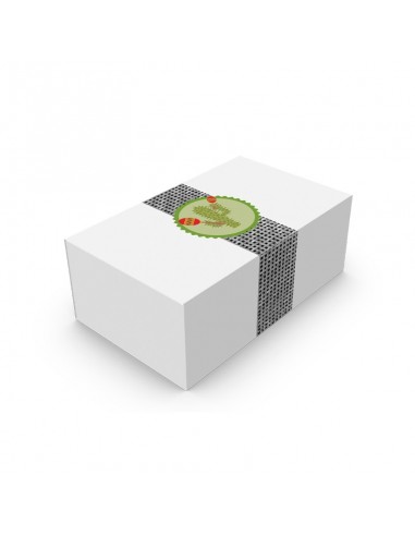 Boîte pour finger food en carton blanc avec décor Picto. Pour emballer les nuggets, mozzarella sticks, camembert balls, etc…