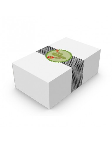 Boîte pour finger food en carton blanc avec décor Picto. Pour emballer les nuggets, mozzarella sticks, camembert balls, etc…