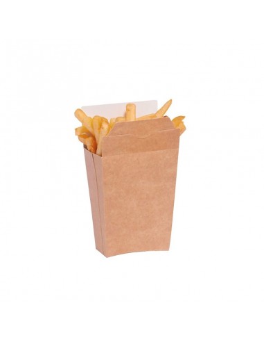 Etui en carton kraft brun, pour l'emballage des frites, refermable par pliage. Intérieur blanc.