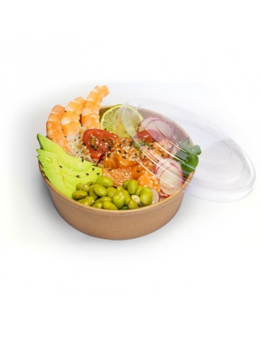 Assiette à salade en carton kraft brun, intérieur paraffiné avec couvercle séparé transparent en PET.