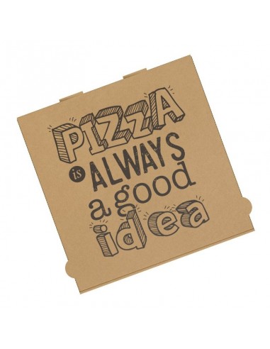 Boîte à pizza en carton kraft brun "Pizza is Always a Good Idea", hauteur 3,5 cm pour livraison de pizza et vente à emporter.